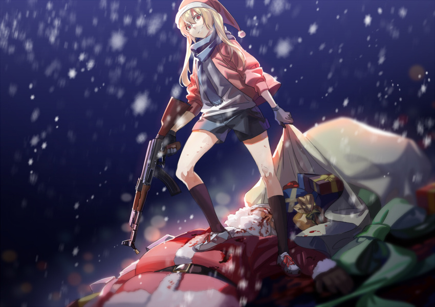 1girl belt black_legwear blonde_hair blood blood_splatter bloody_clothes blue_scarf christmas christmas_is_cancelled gift gun hat holding holding_gun holding_weapon kneehighs long_hair original parted_lips red_eyes rff_(3_percent) ribbon sack santa_claus santa_costume santa_hat scarf sketch teeth weapon yellow_ribbon