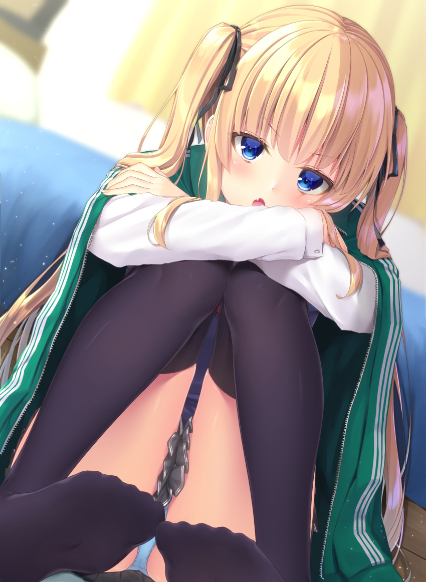 1girl bangs black_legwear black_ribbon black_skirt blonde_hair blue_eyes blue_panties blush chestnut_mouth dutch_angle eyebrows_visible_through_hair fang feet hair_ribbon highres jiiwara no_shoes open_mouth panties pantyshot pantyshot_(sitting) pleated_skirt ribbon saenai_heroine_no_sodatekata sawamura_spencer_eriri sitting skirt solo thigh-highs thighs twintails underwear