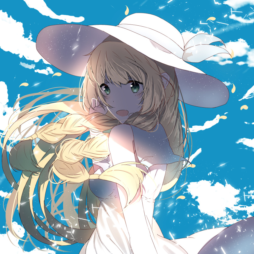 1girl :d absurdres bangs blonde_hair blue_sky blush braid clouds cloudy_sky dress floating_hair green_eyes hat highres lillie_(pokemon) long_hair looking_at_viewer looking_back open_mouth outdoors petals pokemon pokemon_(game) pokemon_sm re:rin sky smile solo sun_hat sundress white_dress