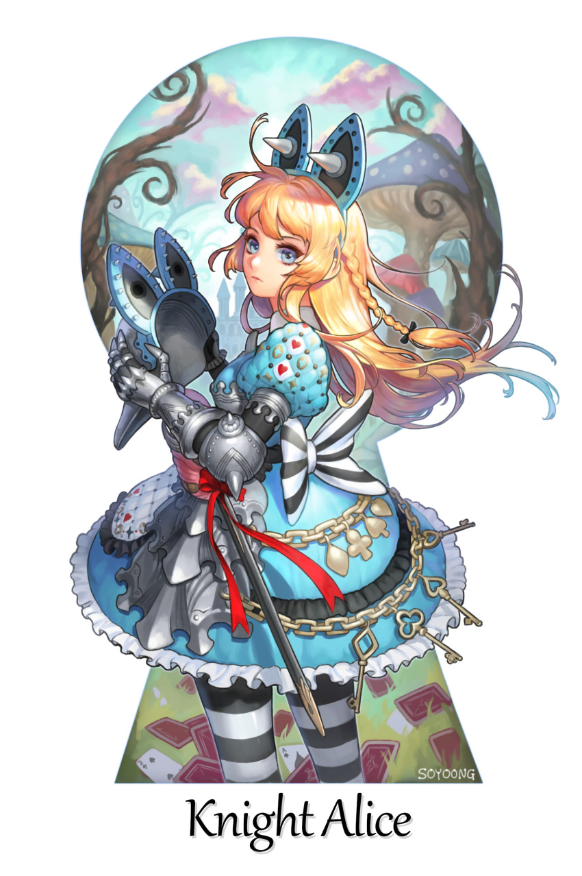 1girl absurdres alice_(wonderland) armor artist_name black_bow blonde_hair blue_dress blue_eyes blue_sky bow braid card character_name dress frilled_dress frills gauntlets grass headwear_removed helmet helmet_removed highres key keyhole long_hair looking_at_viewer mushroom outdoors playing_card playing_card_theme sash sky solo soyoong_jun standing striped striped_bow striped_legwear sword weapon white_bow