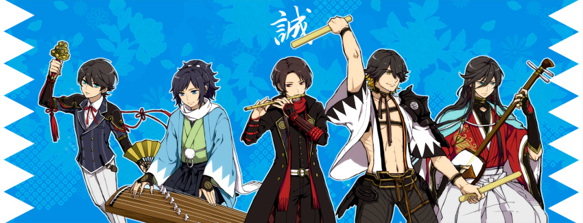 5boys bell black_hair blonde_hair blue_eyes braid brown_hair double-breasted drumsticks facial_hair fan flute folding_fan haori highres horikawa_kunihiro instrument izumi-no-kami_kanesada japanese_clothes kashuu_kiyomitsu koto_(instrument) male_focus mole mole_under_eye multicolored_hair multiple_boys music nagasone_kotetsu nail_polish playing_instrument ponytail red_eyes red_nails ribbon scarf shamisen shinsengumi side_braid stubble suspect_(310mo) touken_ranbu two-tone_hair yamato-no-kami_yasusada yellow_eyes