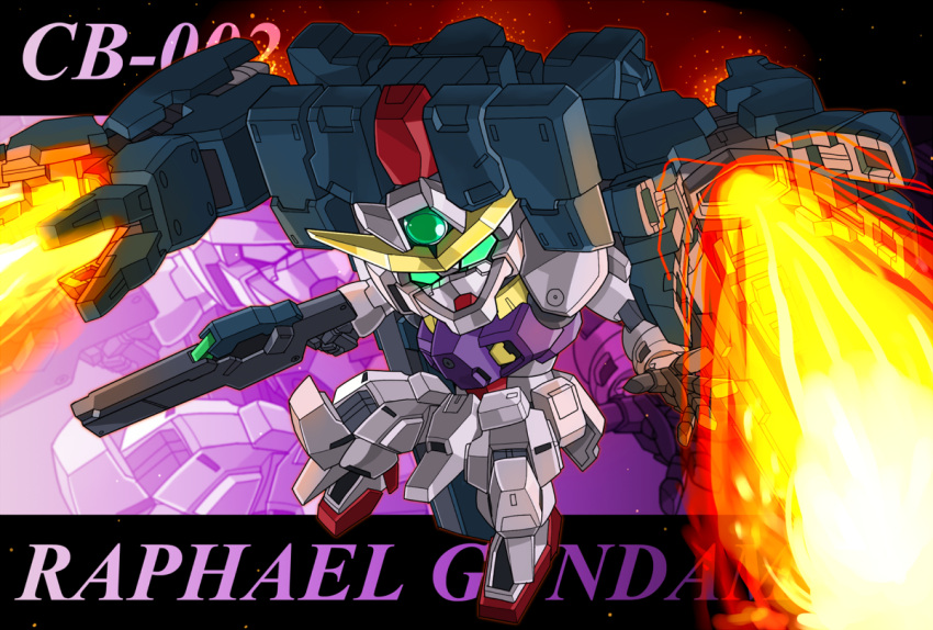 beam_cannon beam_rifle character_name energy_beam energy_gun green_eyes gundam gundam_00_a_wakening_of_the_trailblazer gundam_raphael mecha memento_vivi no_humans zoom_layer