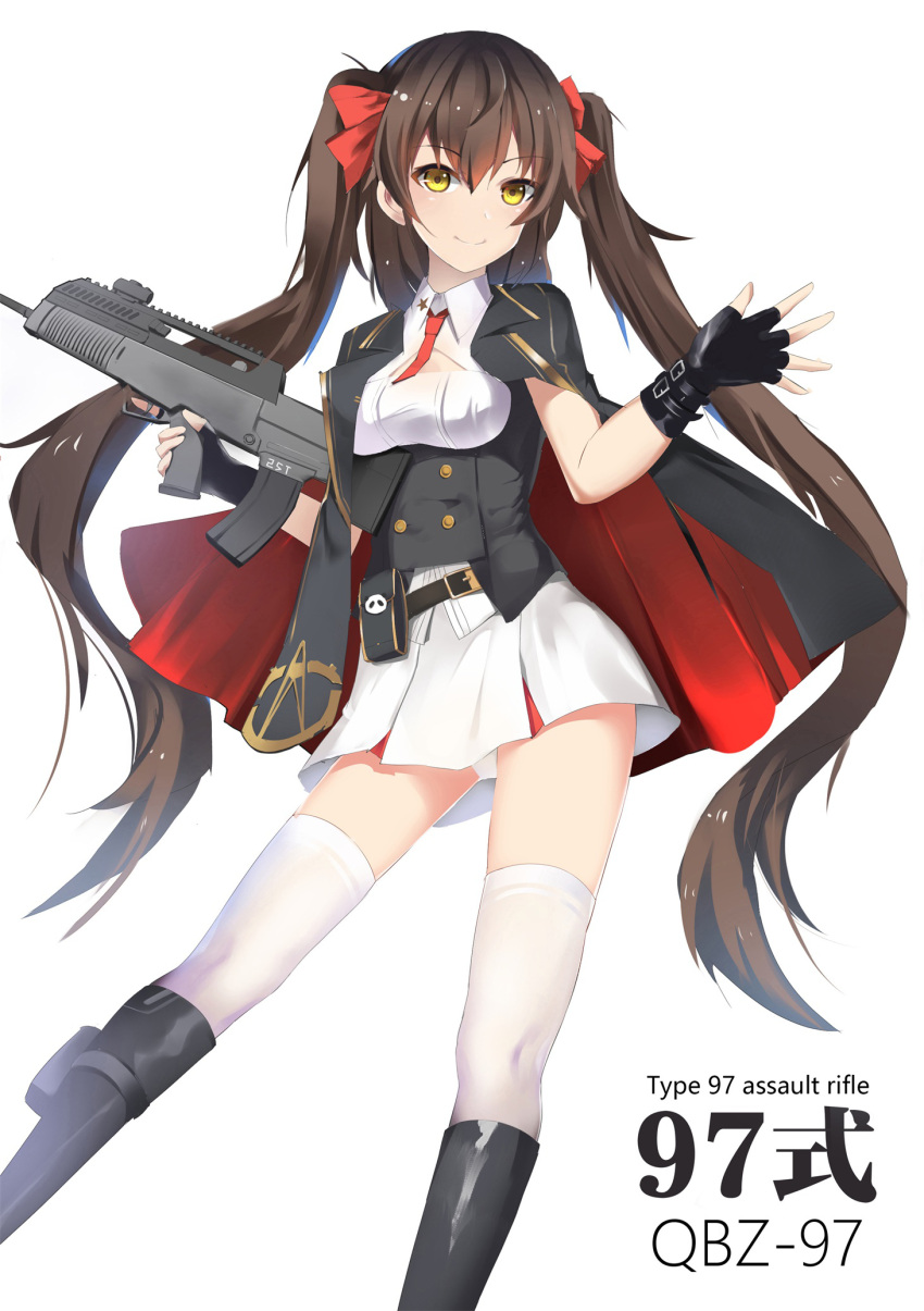 1girl assault_rifle bangs black_boots black_gloves boots breasts brown_hair character_name closed_mouth corset eyebrows_visible_through_hair fingerless_gloves freedom_up girls_frontline gloves gun hair_between_eyes highres holding holding_gun holding_weapon jacket_on_shoulders long_hair looking_at_viewer medium_breasts panties pantyshot pantyshot_(standing) qbz-97 qbz-97_(girls_frontline) rifle simple_background smile solo standing thigh-highs thighs trigger_discipline twintails underwear weapon white_background white_legwear white_panties yellow_eyes