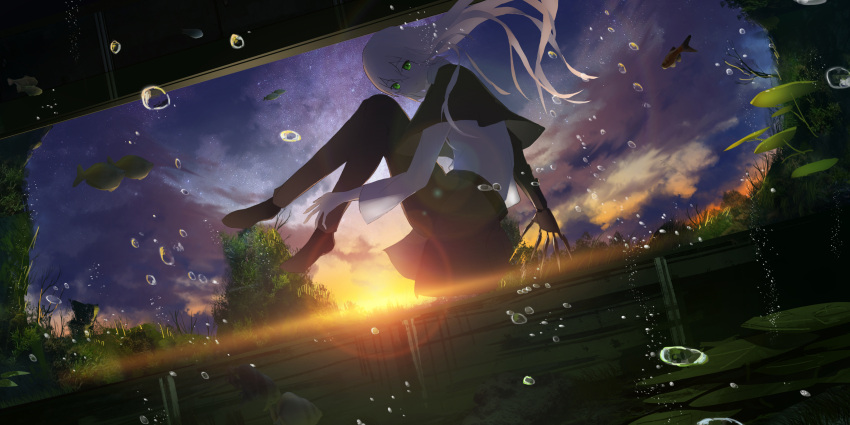 1girl absurdres air_bubble aquarium asuteroid backlighting capelet claw_(weapon) commentary dark dutch_angle fish floating_hair green_eyes highres lens_flare lily_pad long_hair looking_at_viewer looking_to_the_side original silver_hair solo submerged sun sunlight sunset weapon