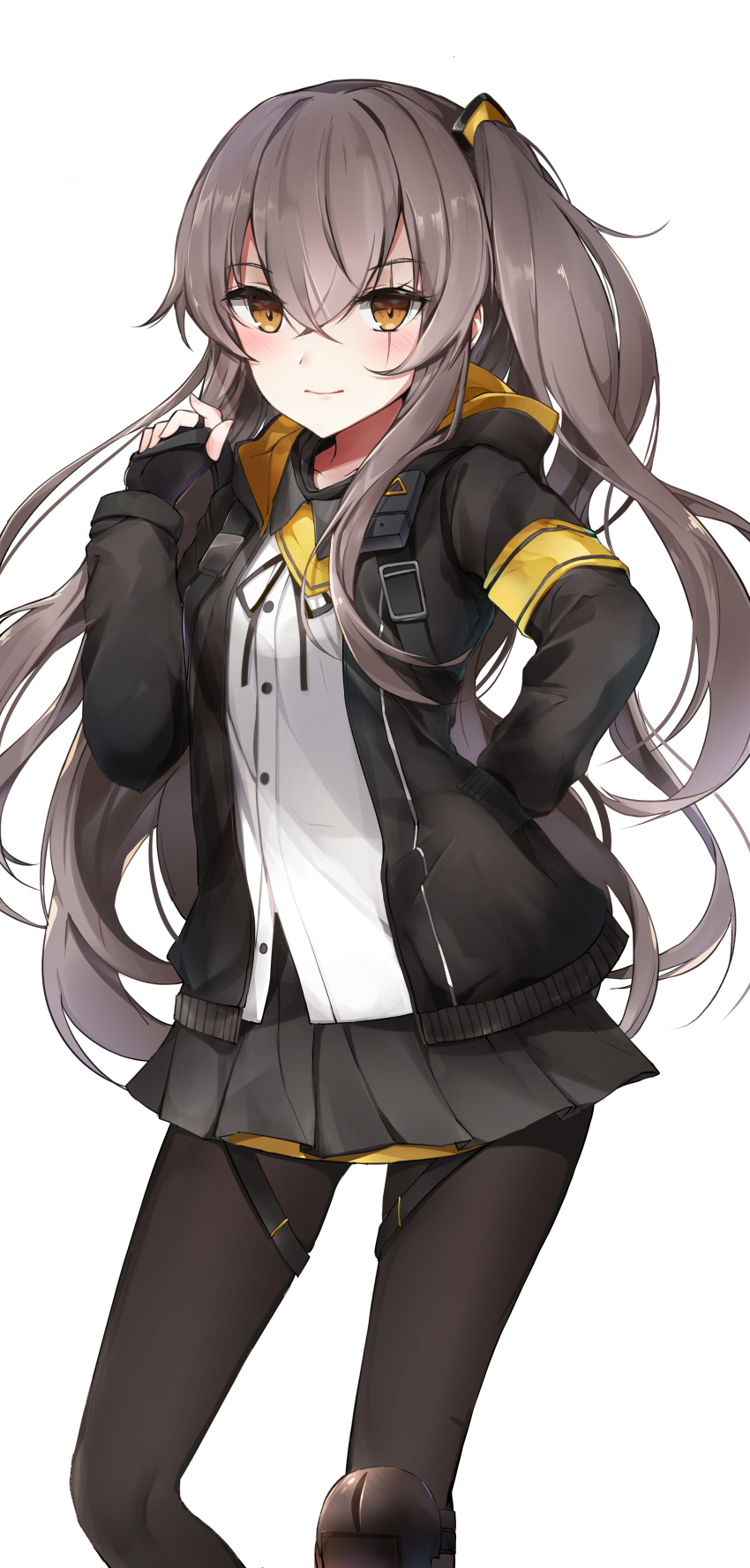 1girl absurdres bangs black_gloves black_legwear black_skirt brown_eyes closed_mouth collared_shirt crossed_bangs eyebrows_visible_through_hair fingerless_gloves girls_frontline gloves grey_hair hair_between_eyes hand_on_hip hand_up highres hood hooded_jacket jacket jksh5056 long_hair looking_at_viewer one_side_up open_clothes open_jacket pantyhose pleated_skirt scar scar_across_eye shirt sidelocks simple_background skirt smile solo standing tsurime ump45_(girls_frontline) white_background white_shirt