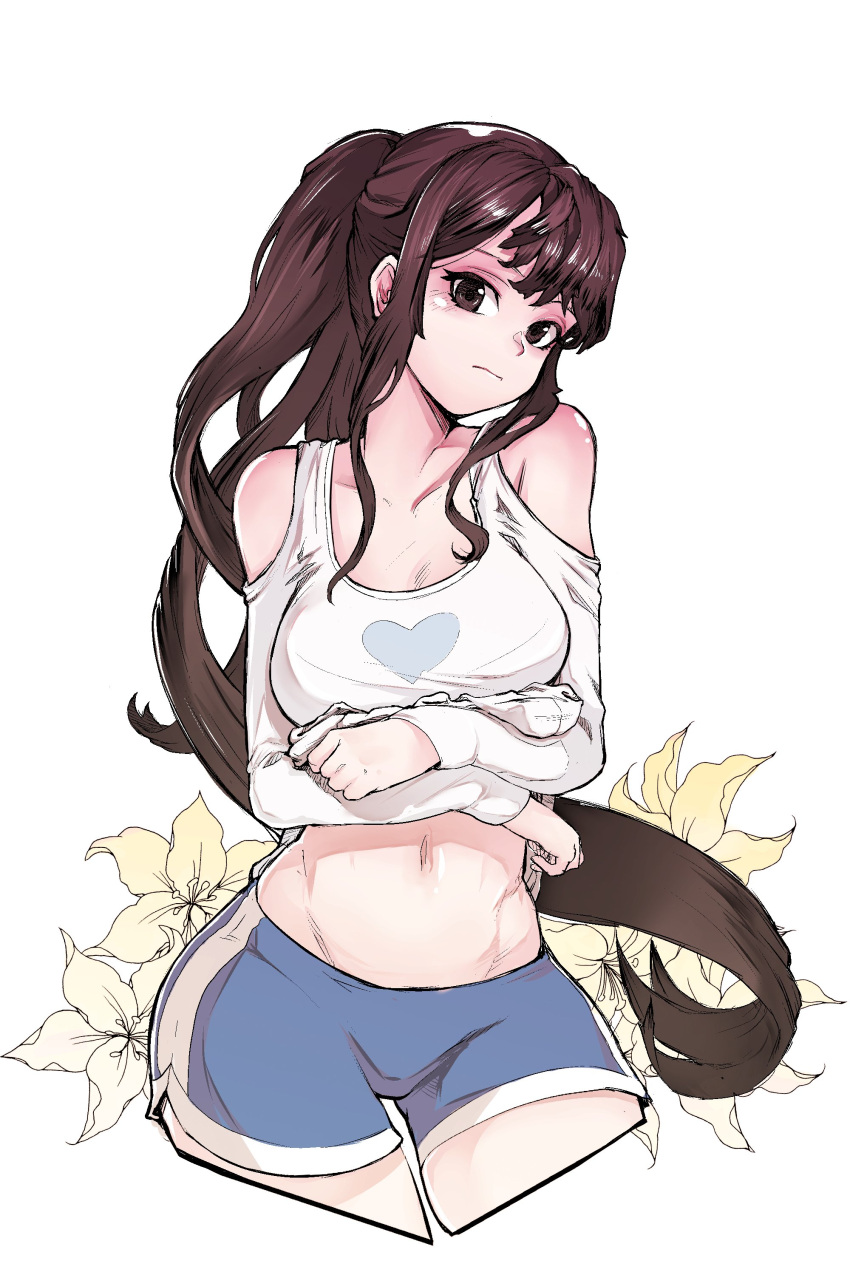1girl absurdres agkkyag bangs bare_shoulders blue_shorts boyshorts breast_hold breasts brown_eyes brown_hair closed_mouth collarbone crop_top flower gluteal_fold groin heart heart_print highres lily_(flower) long_hair long_sleeves looking_at_viewer medium_breasts navel original ponytail shirt short_shorts shorts shoulder_cutout sidelocks simple_background solo standing stomach very_long_hair white_background white_flower white_shirt