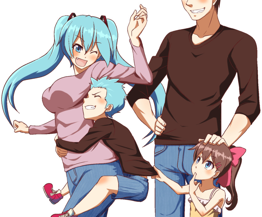2boys 2girls aqua_eyes aqua_hair arm_up blush brown_hair denim fang finger_to_mouth grin hair_ornament hairclip hand_on_hip hatsune_miku highres jeans long_hair multiple_boys multiple_girls one_eye_closed open_mouth pants risian shirt_tug simple_background smile twintails vocaloid white_background