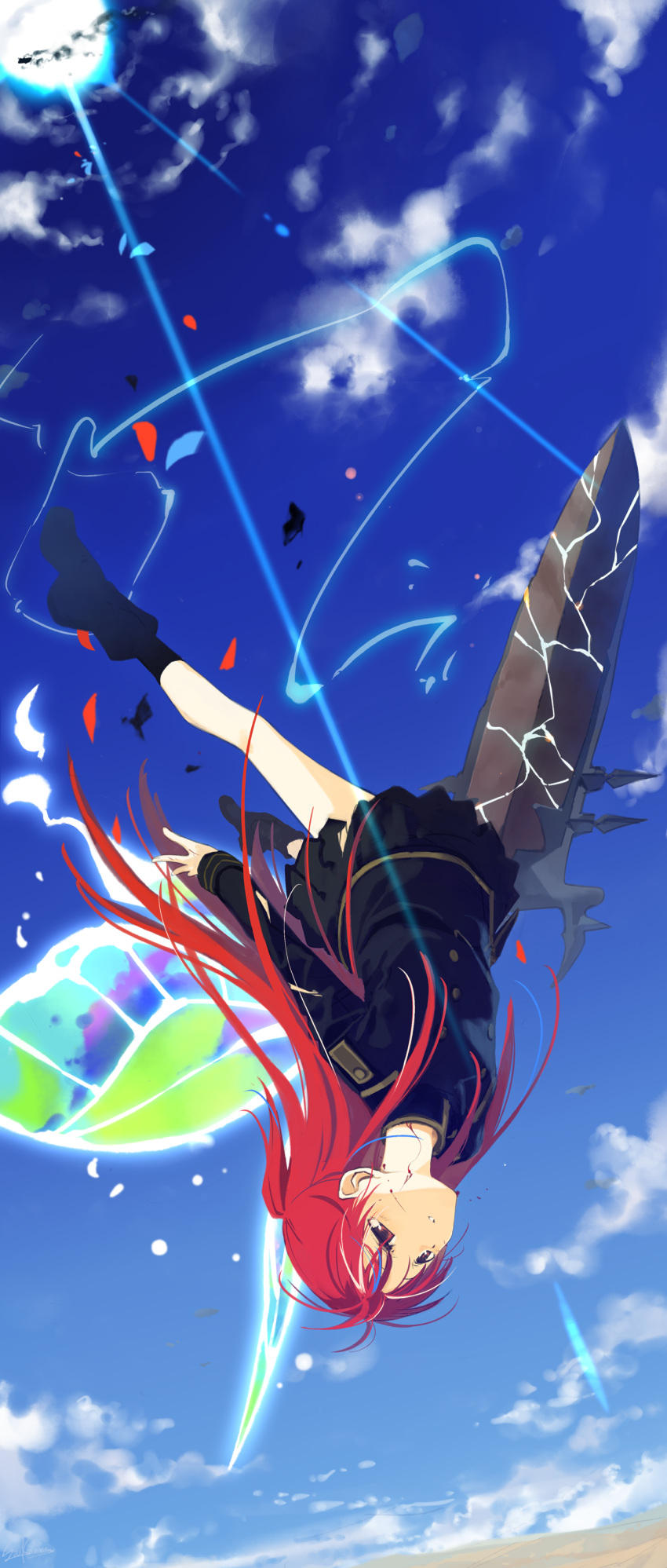 1girl absurdres airship artist_name blood blood_on_face blue_hair boots butterfly_wings chtholly_nota_seniorious clouds epaulettes falling half-closed_eyes highres horizon light_rays long_hair military military_uniform multicolored_hair parted_lips red_eyes redhead scratches seu_(hutotomomo) shuumatsu_nani_shitemasu_ka? signature skirt sky smoke solo streaked_hair sun sunbeam sunlight sword torn_clothes torn_skirt torn_sleeves two_side_up uniform upside-down very_long_hair weapon wings