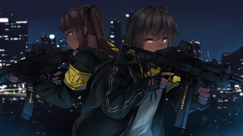 2girls armband brown_eyes brown_hair cityscape eotech fingerless_gloves girls_frontline gloves gun h&amp;k_ump hair_ornament heckler_&amp;_koch highres hood jacket multiple_girls night night_sky ribbon scar scar_across_eye siblings side_ponytail sisters sky submachine_gun taira_(pixiv9613131) twintails ump45_(girls_frontline) ump9_(girls_frontline) weapon