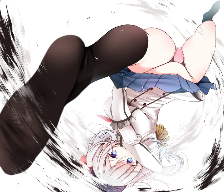 10s 1girl beret black_hat black_legwear blue_eyes blush breasts bright_pupils double-breasted epaulettes feet foreshortening frilled_sleeves frills hair_ribbon hat highres kantai_collection kashima_(kantai_collection) kneehighs large_breasts legs_apart long_hair long_sleeves looking_at_viewer medium_breasts military military_uniform miniskirt no_shoes oouso_(usotsukiya) panties pantyshot pink_panties pleated_skirt red_ribbon ribbon simple_background skirt socks soles solo spinning_bird_kick street_fighter tareme thighs underwear uniform upside-down upskirt visible_air white_background white_hair