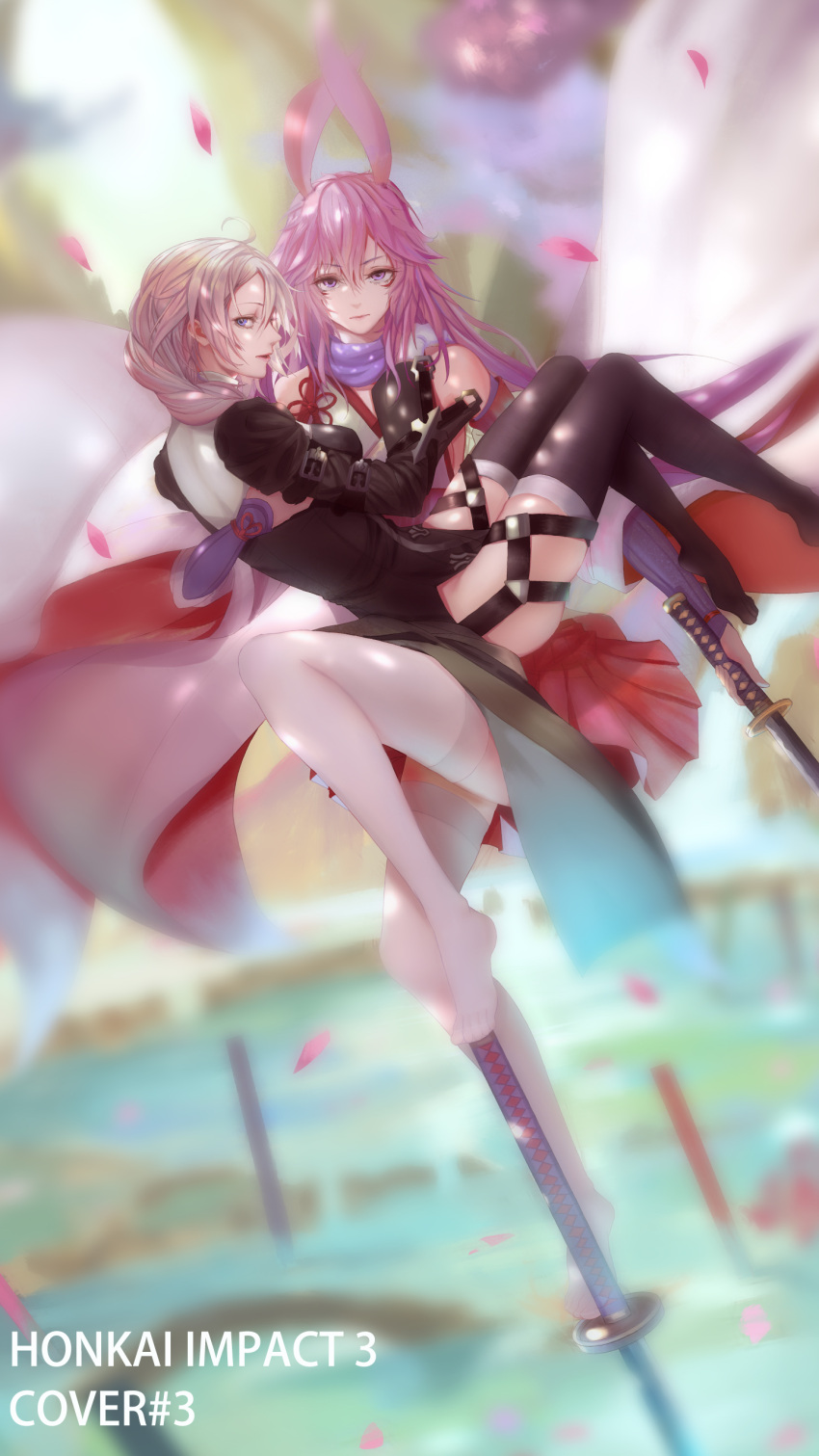 2girls absurdres arm_belt benghuai_xueyuan black_legwear blonde_hair blue_eyes blurry blurry_background carrying copyright_name cover highres holding holding_sword holding_weapon honkai_impact katana looking_at_viewer meijin93 multiple_girls petals planted_weapon princess_carry purple_hair purple_scarf scarf sword thigh-highs violet_eyes weapon white_legwear yaezakura_(benghuai_xueyuan)