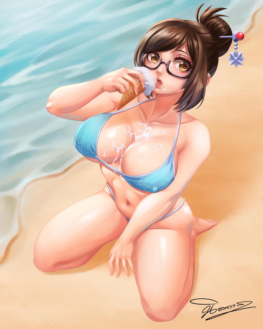 1girl absurdres bangs bare_arms bare_legs bare_shoulders barefoot beach beads between_legs bikini black-framed_eyewear blue_bikini breasts brown_eyes brown_hair collarbone day eyelashes food food_on_body food_on_face hair_bun hair_ornament hair_stick hand_between_legs highres ice_cream ice_cream_cone ice_cream_on_face large_breasts looking_at_viewer mei_(overwatch) midriff navel nillpas_ongumpai nose open_mouth outdoors overwatch pink_lips sand short_hair sidelocks signature sitting snowflake_hair_ornament soft_serve solo stomach strap_gap string_bikini swept_bangs swimsuit teeth tongue tongue_out upper_teeth vanilla_ice_cream wariza water