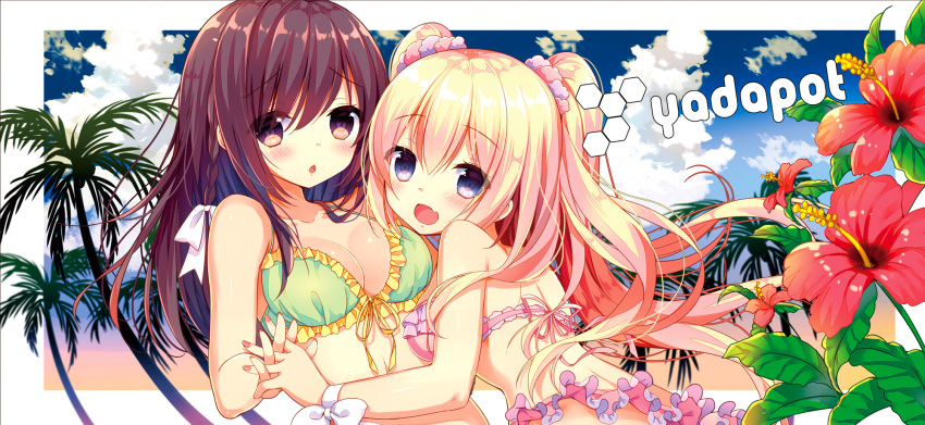 2girls :d artist_name bangs beach bikini blonde_hair blue_eyes blue_sky blush braid breasts brown_eyes brown_hair chestnut_mouth cleavage clouds cloudy_sky collarbone error eyebrows_visible_through_hair fang floating_hair flower frilled_bikini frills green_bikini hair_between_eyes hair_ribbon hand_holding hibiscus highres interlocked_fingers long_hair looking_at_viewer looking_back medium_breasts multiple_girls open_mouth original outdoors palm_tree pink_bikini ribbon side_braid sidelocks sky smile swimsuit tree tress_ribbon twintails upper_body white_ribbon yadapot