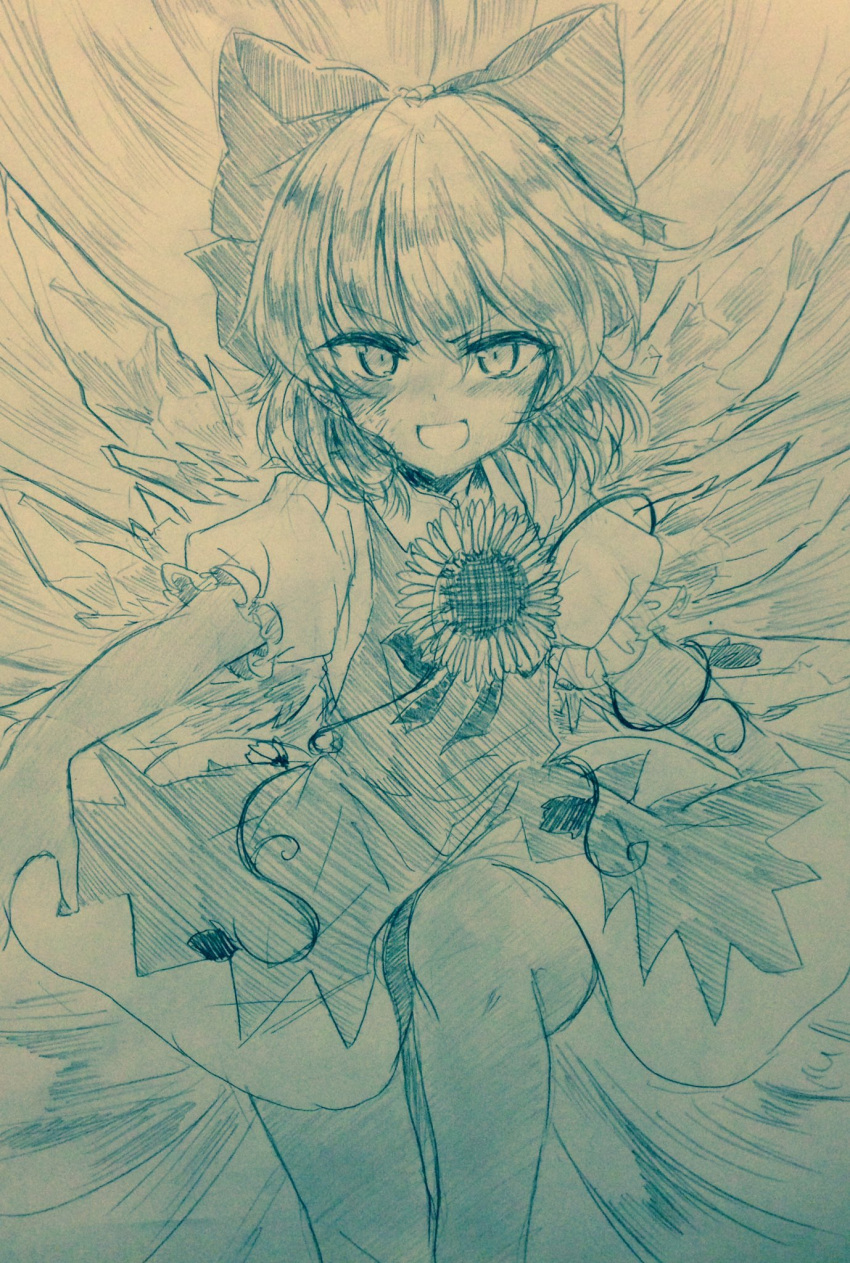 &gt;:d 1girl :d bangs blush bow cirno commentary_request dress efukei eyebrows_visible_through_hair flower hair_between_eyes hair_bow highres ice ice_wings looking_at_viewer monochrome open_mouth plant puffy_short_sleeves puffy_sleeves short_hair short_sleeves smile solo sunflower tan tanned_cirno touhou traditional_media vines wings