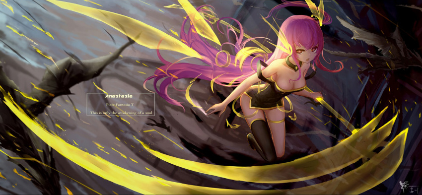 1girl breasts cleavage long_hair looking_at_viewer medium_breasts one_side_up pink_eyes pink_hair pixiv_fantasia pixiv_fantasia_t revision scythe single_thighhigh solo thigh-highs wangchuan_de_quanyan