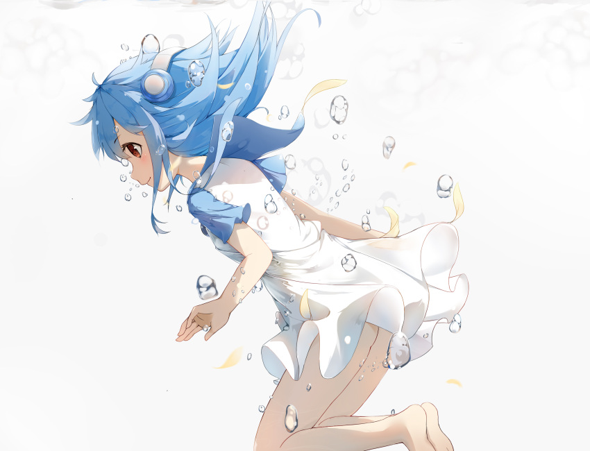 1girl air_bubble bangs barefoot blue_hair brown_eyes cg_(2686805355) closed_mouth dress eyebrows_visible_through_hair hair_ornament highres legs_together long_hair original profile short_sleeves sidelocks smile solo underwater white_dress