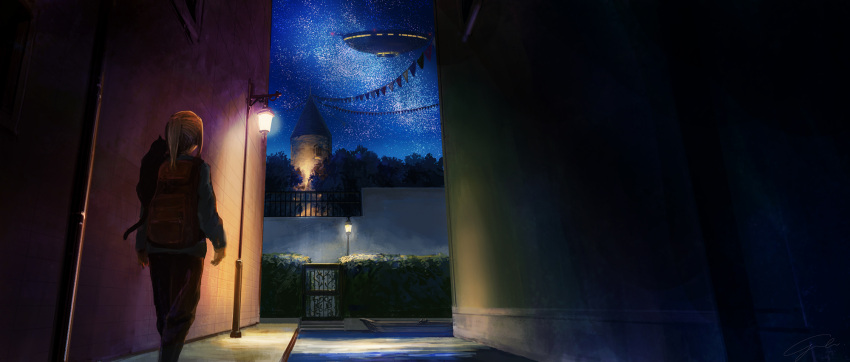 1girl animal animal_on_shoulder backpack bag blonde_hair cat facing_away fantasy hedge_(plant) highres lamppost looking_away night original ponytail scenery short_hair sky solo star_(sky) starry_sky summer tower ufo usada_yuh