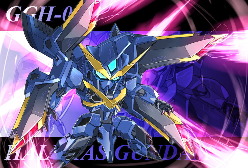 aqua_eyes beam_cannon character_name energy_beam glowing glowing_eyes gundam halphas_gundam mecha memento_vivi no_humans sd_gundam_g-generation zoom_layer