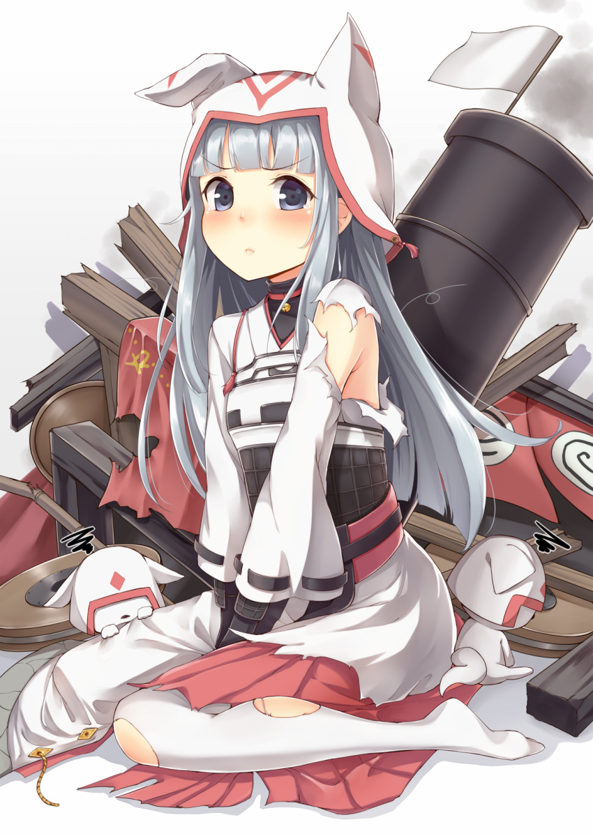 1girl blush cannon commentary_request dabadhi flag grey_eyes hat highres inuyama_(oshiro_project) looking_at_viewer oshiro_project oshiro_project_re silver_hair sitting thigh-highs torn_clothes torn_thighhighs white_background white_flag