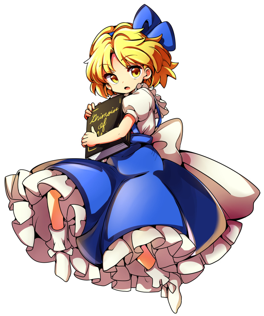 1girl alice_margatroid alice_margatroid_(pc-98) baba_(baba_seimaijo) blonde_hair blue_bow blue_skirt blush bobby_socks book book_hug bow frilled_skirt frills full_body grimoire_of_alice hair_bow highres holding holding_book looking_at_viewer open_mouth puffy_short_sleeves puffy_sleeves short_sleeves skirt socks solo suspender_skirt suspenders touhou touhou_(pc-98) yellow_eyes