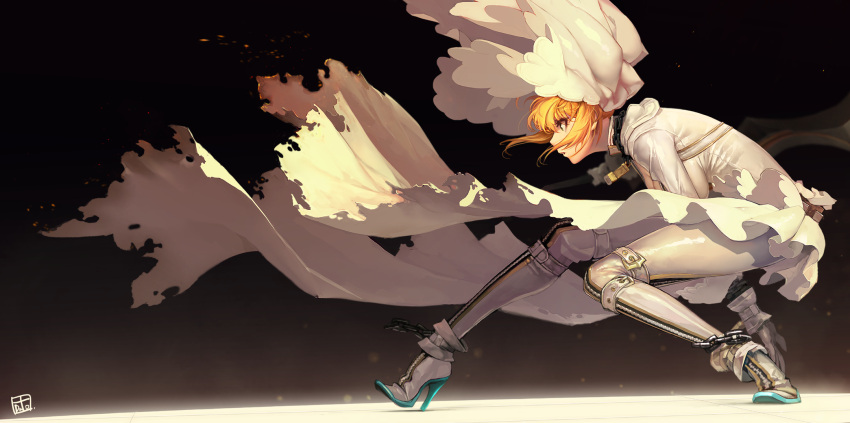 1girl bangs black_background blonde_hair bodysuit breasts bridal_veil burnt_clothes chains cleavage duto fate/extra fate_(series) fighting_stance foreshortening from_side full_body gloves gradient gradient_background green_eyes hanging_breasts high_heels highres holding holding_sword holding_weapon leaning_forward lock long_hair medium_breasts outstretched_arm padlock parted_lips profile saber_bride saber_extra shiny shiny_clothes shoes short_hair sidelocks signature solo sword unsheathed veil weapon white_bodysuit white_gloves white_shoes
