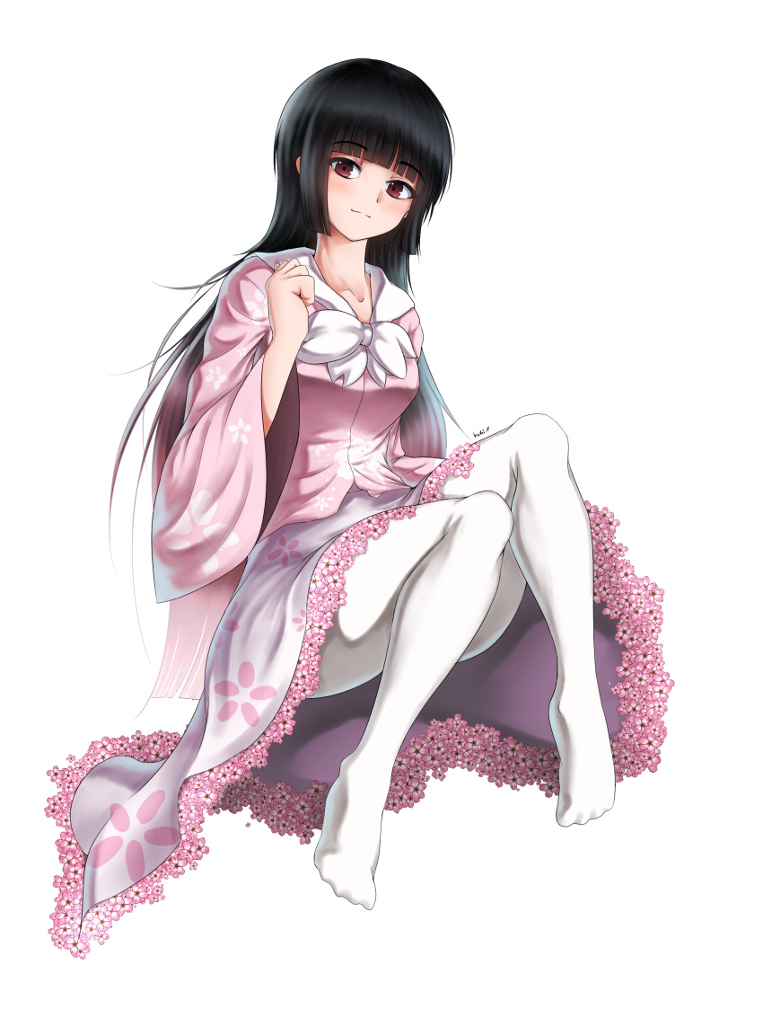1girl absurdres black_hair blouse blush breasts cherry_blossoms closed_mouth floral_print full_body highres hime_cut houraisan_kaguya kagi_f long_hair long_sleeves looking_at_viewer medium_breasts pantyhose pink_blouse red_eyes sidelocks smile solo touhou very_long_hair white_legwear wide_sleeves