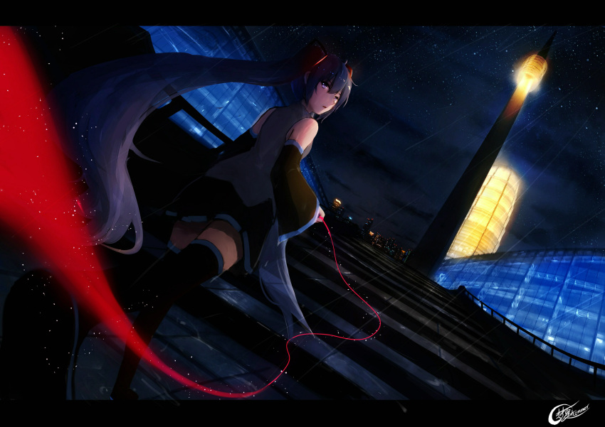 1girl absurdres bangs bare_shoulders black_boots black_skirt blue_eyes blue_hair boots building city cityscape clouds cloudy_sky collared_shirt dark detached_sleeves dutch_angle foreshortening from_behind from_below glowing grey_shirt hair_between_eyes hatsune_miku highres letterboxed lights long_hair looking_at_viewer night night_sky open_mouth outdoors pleated_skirt pov railing rain red_string shirt shy_(953416992) signature skirt sky skyscraper sleeveless sleeveless_shirt sleeves_past_wrists solo sparkle stairs star_(sky) starry_sky string thigh-highs thigh_boots twintails very_long_hair vocaloid walking zettai_ryouiki