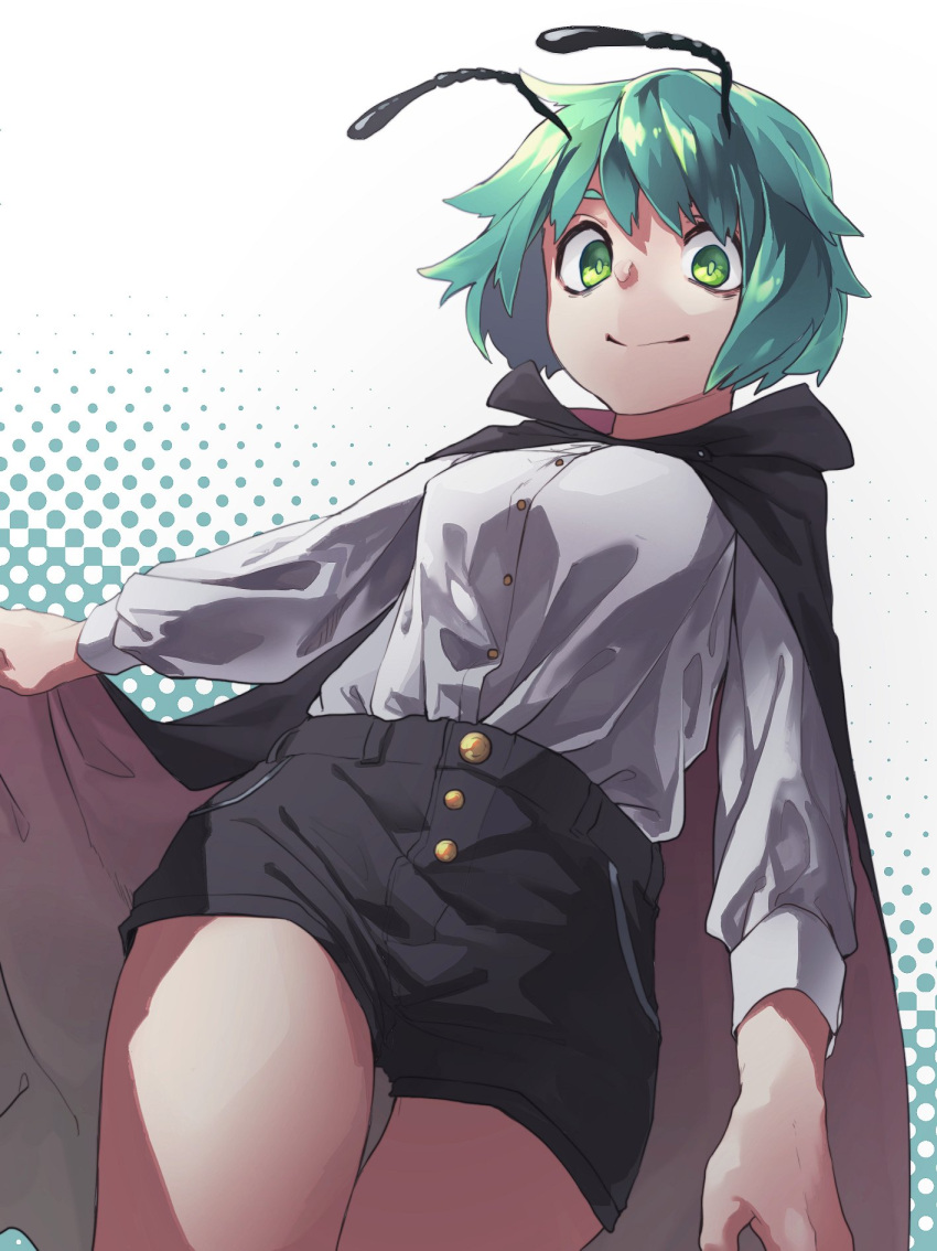 1girl antennae bangs black_shorts breasts buttons cape closed_mouth commentary_request cowboy_shot green_eyes green_hair highres long_sleeves looking_at_viewer medium_breasts nose reiga_(act000) shirt short_hair short_shorts shorts smile solo thigh_gap touhou white_shirt wriggle_nightbug