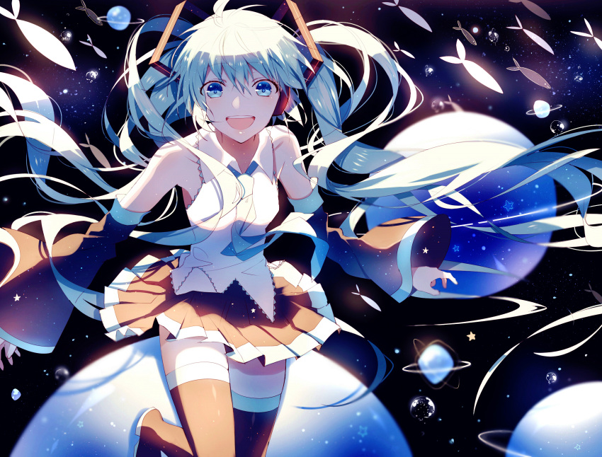1girl :d ahoge bangs black_legwear black_skirt blue_eyes blue_hair blue_necktie blurry bubble collared_shirt depth_of_field detached_sleeves eyebrows_visible_through_hair floating_hair hair_between_eyes hatsune_miku highres lococo:p long_hair looking_at_viewer necktie open_mouth pleated_skirt shirt skirt sleeveless sleeveless_shirt smile solo teeth thigh-highs thighs twintails vocaloid