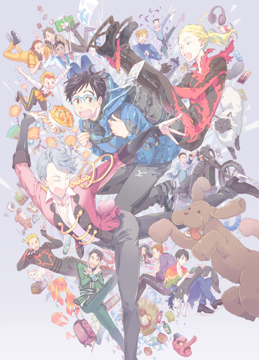 1girl 6+boys ;d ^_^ animal_ears backpack bag banner black_gloves black_hair black_pants blonde_hair blue-framed_eyewear blue_eyes bodysuit bottle bowl braid brown_eyes brown_hair cat cat_ears cellphone christophe_giacometti closed_eyes dog emil_nekola fake_animal_ears falling fan fish folding_fan food georgi_popovich glasses gloves goldfish green_eyes grey_eyes ground_vehicle hamster hat headphones heart highres ice_skates jacket jean-jacques_leroy ji_guang-hong katsudon_(food) katsuki_yuuri lantern lanyard lee_seung-gil leo_de_la_iglesia makkachin mask michele_crispino minami_kenjirou motor_vehicle motorcycle multiple_boys one_eye_closed open_mouth otabek_altin pants paper_lantern phichit_chulanont phone ponytail puma_tiger_scorpion riding sara_crispino self_shot selfie_stick sen_(pixiv) shoes silver_hair skates smartphone smile sneakers statue suitcase tanuki tengu_mask tissue_box tongue tongue_out track_jacket v viktor_nikiforov water_bottle yuri!!!_on_ice yuri_plisetsky