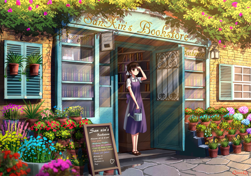 1girl absurdres arm_up artist_name bangs black_hair blue_flower blurry blush book bookshelf bookstore brick_wall brown_eyes brown_shoes collared_shirt commentary cup day depth_of_field door doraemon doraemon_(character) english eyebrows_visible_through_hair florist flower flower_shop hair_ribbon heart highres holding legs_together light_rays long_hair looking_away looking_up mary_janes no_socks original outdoors parted_lips photo_(object) pink_flower plant ponytail potted_plant puddle purple_apron purple_flower qi==qi red_flower ribbon scenery shading_eyes shiny shiny_hair shirt shoes shop short_sleeves shutter sign solo standing stone_floor storefront sunlight tareme teacup vase watering_can white_ribbon white_shirt window wing_collar wooden_floor yellow_flower