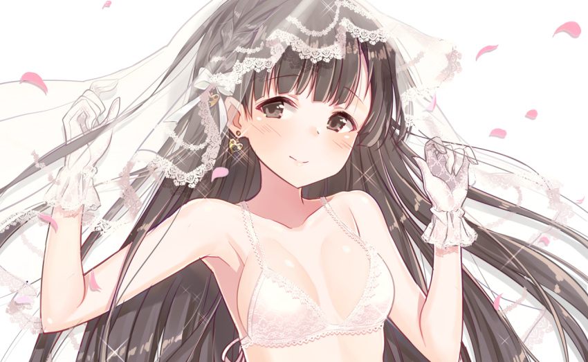 1girl armpits bangs bare_shoulders blunt_bangs blush bow bra braid breasts bridal_veil brown_eyes brown_hair cleavage closed_mouth collarbone earrings glint gloves hair_bow hands_up heart heart_earrings idolmaster idolmaster_cinderella_girls jewelry jewriel kobayakawa_sae long_hair medium_breasts petals see-through side_braid simple_background smile solo straight_hair underwear underwear_only upper_body veil white_background white_bow white_bra white_gloves