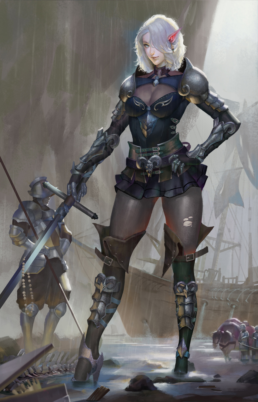 1girl 3boys armor belt blue_eyes bodysuit breasts cleavage cleavage_cutout contrapposto elf full_body gluteal_fold hand_on_hip helmet high_heels highres horse looking_at_viewer magician_(china) medium_hair multiple_boys original pale_skin pauldrons pointy_ears rain sails ship skin_tight smile spaulders spine standing sword torn_bodysuit torn_clothes vambraces watercraft weapon white_hair