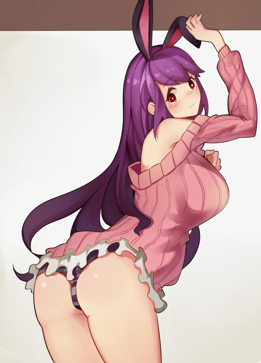 1girl absurdres animal_ears arm_up ass bangs barefoot blush breasts character_request closed_mouth commentary_request dungeon_and_fighter eyebrows_visible_through_hair eyes_visible_through_hair from_behind hand_on_own_chest heart heart-shaped_pupils highres hyorang large_breasts leaning_forward long_hair looking_at_viewer looking_back off_shoulder panties pink_sweater purple_hair rabbit_ears red_eyes simple_background solo standing striped striped_panties sweater symbol-shaped_pupils underwear very_long_hair