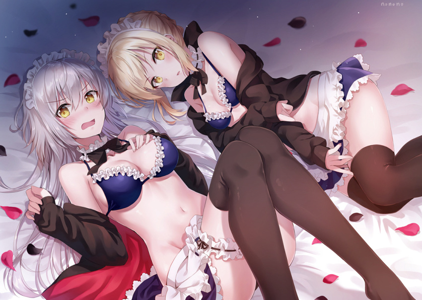 2girls apron artoria_pendragon_(all) artoria_pendragon_(swimsuit_rider_alter) bangs bare_shoulders bed_sheet bikini_top black_bow black_jacket black_neckwear blonde_hair blue_skirt blush bow breasts brown_legwear collarbone embarrassed eyebrows_visible_through_hair fate/grand_order fate_(series) frilled_bikini_top hair_between_eyes hand_on_own_chest jacket jeanne_d'arc_(alter)_(fate) jeanne_d'arc_(fate)_(all) leg_garter light_particles long_hair long_sleeves looking_at_viewer lying maid_headdress medium_breasts miniskirt multiple_girls navel nonono nose_blush off_shoulder on_back on_side open_clothes open_jacket petals saber_alter short_hair silver_hair skirt sleeves_past_wrists small_breasts stomach thigh-highs v-shaped_eyebrows very_long_hair waist_apron white_apron yellow_eyes