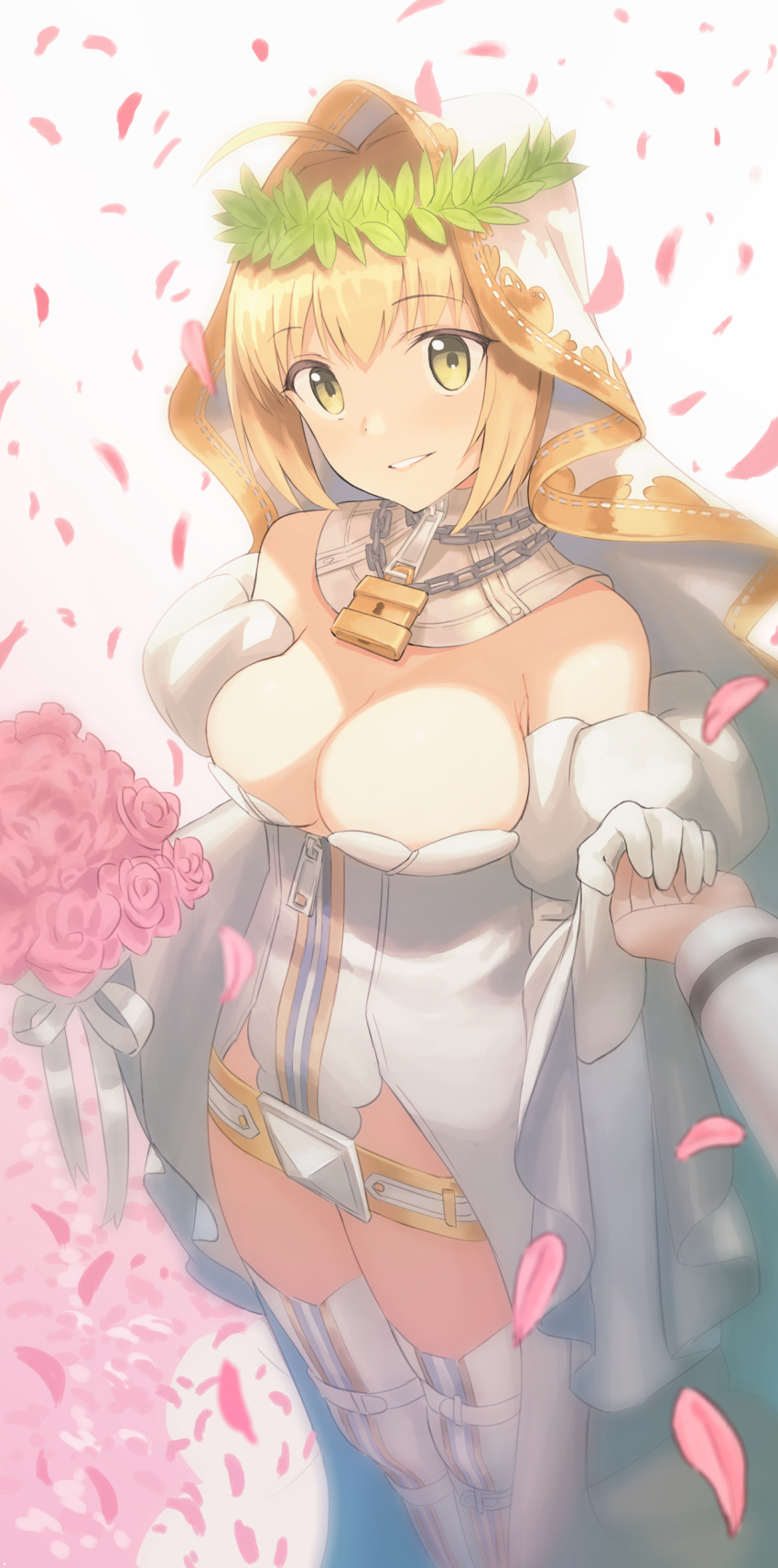 1boy 1girl absurdres ahoge bangs bare_shoulders belt blonde_hair blush bodysuit bouquet breasts bridal_veil chains cleavage detached_collar elbow_gloves erubesuto eyebrows_visible_through_hair fate/extra fate/extra_ccc fate/grand_order fate_(series) flower gloves green_eyes hand_holding head_tilt highleg highleg_leotard highres holding holding_bouquet large_breasts leotard light_smile lips lock long_sleeves looking_at_viewer medium_breasts outstretched_hand padlock parted_lips petals pink_rose pov pov_hands red_rose rose saber_bride saber_extra short_hair simple_background solo_focus standing strapless strapless_leotard tareme thigh-highs veil white_background white_gloves white_legwear white_leotard wide_sleeves wrist_cuffs zipper