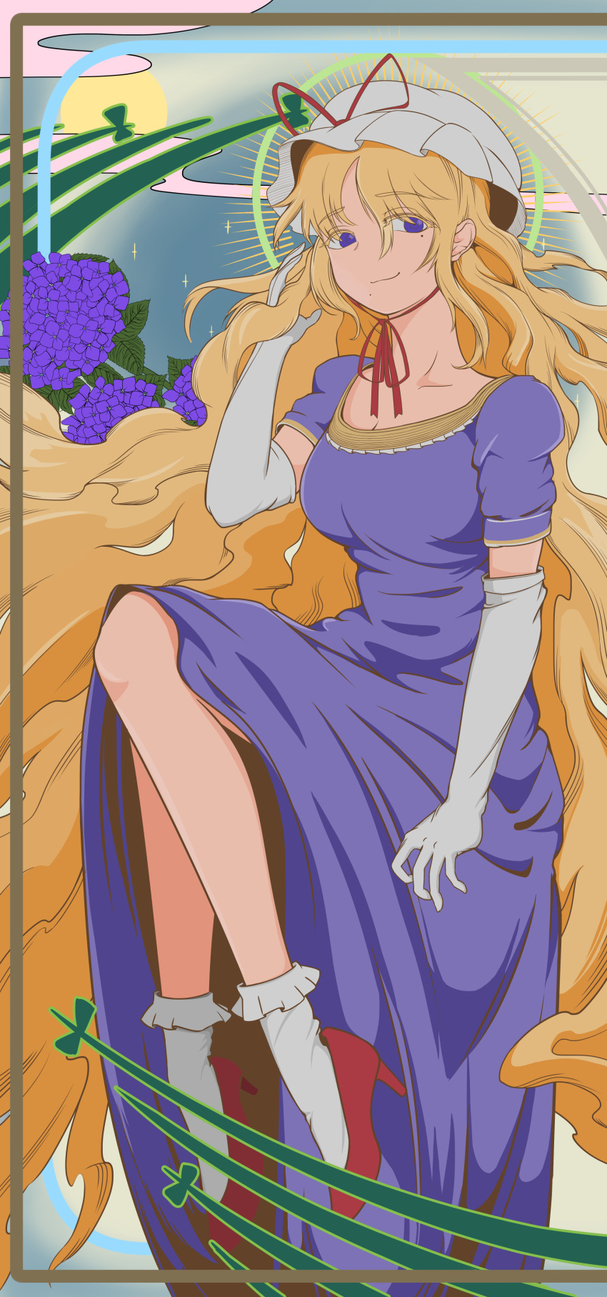 1girl absurdres artist_request big_hair blonde_hair breasts colored_eyelashes dress egasumi elbow_gloves eyebrows_visible_through_hair floating flower gap gloves halo hand_in_hair hat hat_ribbon high_heels highres hydrangea legs_crossed light_rays long_hair looking_at_viewer looking_to_the_side mob_cap mole mole_under_eye moon night night_sky purple_dress red_shoes ribbon shoes sky smile solo star style_request sunbeam sunlight touhou very_long_hair violet_eyes white_gloves white_legwear yakumo_yukari