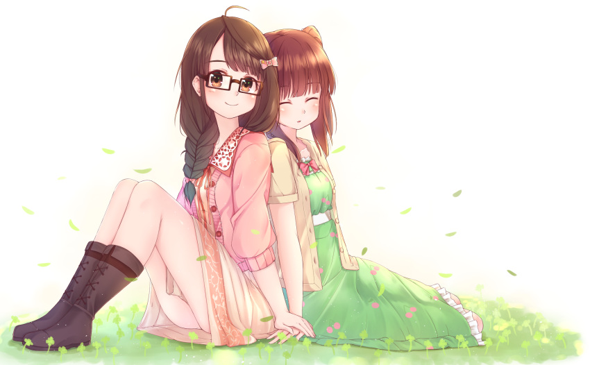 2girls ahoge blush braid breasts brown_eyes brown_hair closed_eyes commentary_request dress eyebrows freckles glasses hair_ornament hairclip highres idolmaster idolmaster_cinderella_girls jewelry long_hair looking_at_viewer multiple_girls ogata_chieri okuyama_saori ribbon royriconn sitting smile twintails