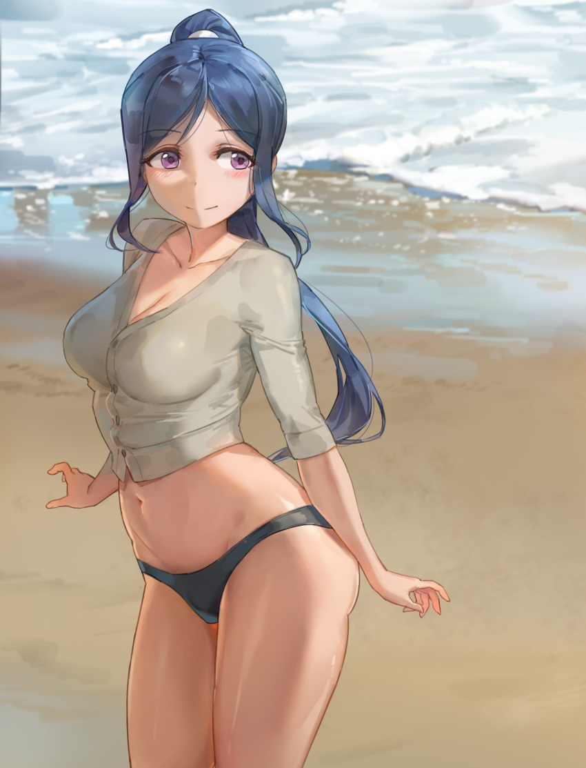 1girl beach bikini_bottom blue_hair blush breasts buttons cleavage closed_mouth collarbone highres large_breasts legs_together long_hair love_live! love_live!_sunshine!! matsuura_kanan navel ocean outdoors ponytail sand shiny shiny_skin shirt smile solo standing very_long_hair violet_eyes water white_shirt yohan1754