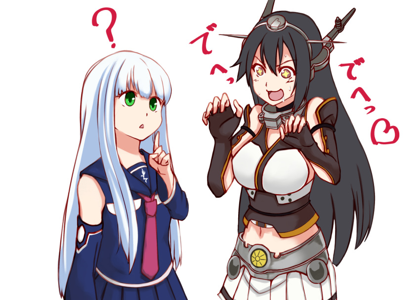 +_+ 10s 2girls ? aoki_hagane_no_arpeggio bangs black_gloves black_hair blue_hair blue_sailor_collar blunt_bangs breasts commentary_request crossover detached_sleeves drooling elbow_gloves fingerless_gloves gloves green_eyes headgear hime_cut index_finger_raised iona kantai_collection large_breasts long_hair masou midriff miniskirt multiple_girls nagato_(kantai_collection) navel necktie red_eyes red_necktie sailor_collar saliva silver_hair simple_background skirt upper_body white_background white_skirt