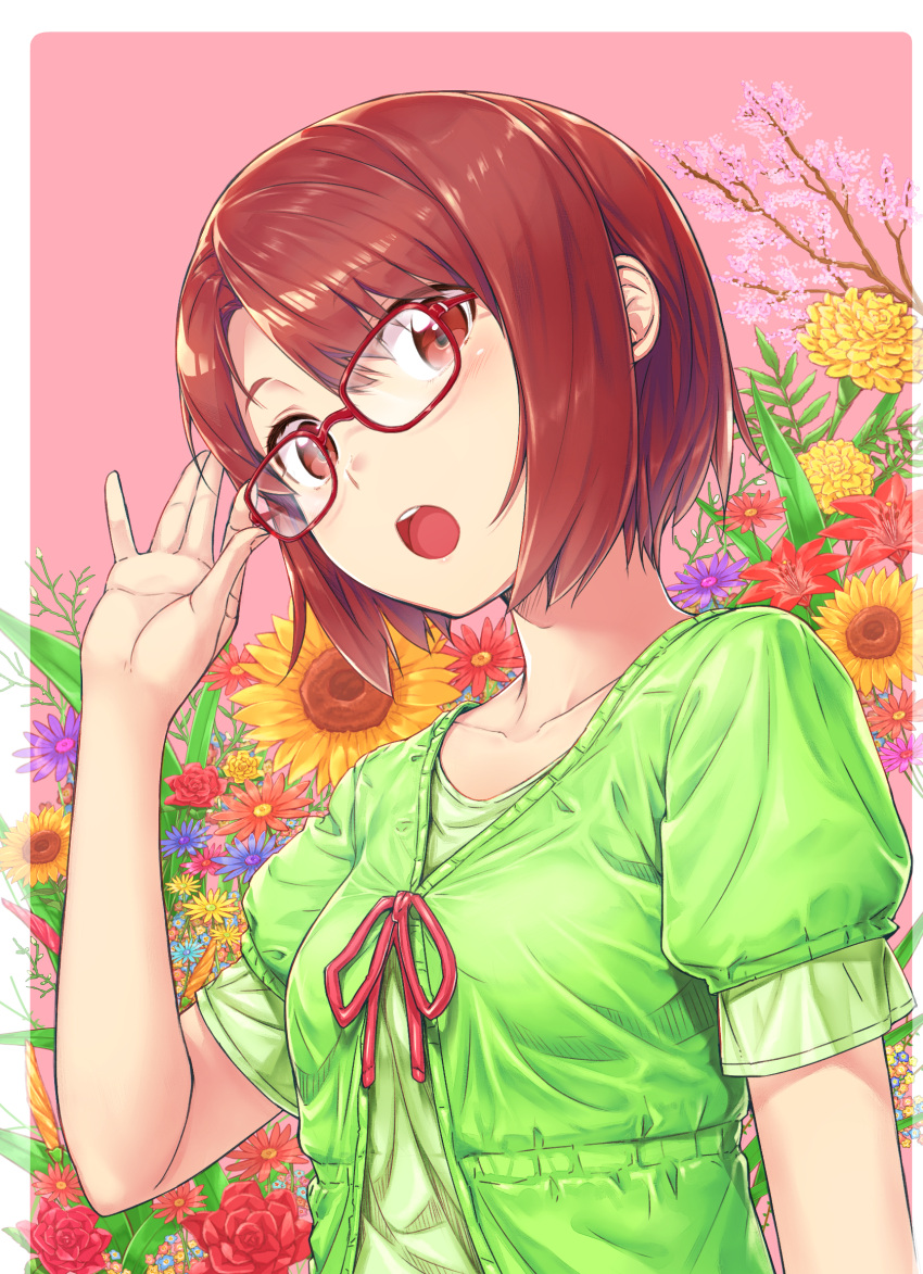 1girl :o adjusting_glasses auburn_hair bangs branch cherry_blossoms collarbone commentary eyebrows_visible_through_hair fingernails floral_background flower glasses green_shirt hand_up highres komase_(jkp423) looking_at_viewer open_mouth original pink_background purple_flower red-framed_eyewear red_eyes red_flower red_ribbon ribbon round_teeth shiny shiny_hair shirt short_hair short_sleeves side_glance solo sunflower swept_bangs teeth upper_body white_border yellow_flower