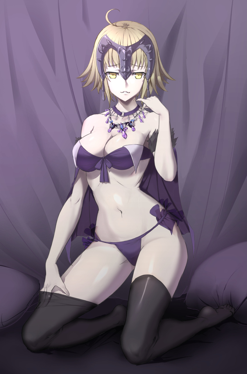 1girl bikini black_legwear blonde_hair blush breasts cleavage fate/grand_order fate_(series) helmet highres hiko_(630090143) jeanne_alter jewelry kneeling looking_at_viewer navel necklace pale_skin ruler_(fate/apocrypha) short_hair smile solo swimsuit thigh-highs yellow_eyes