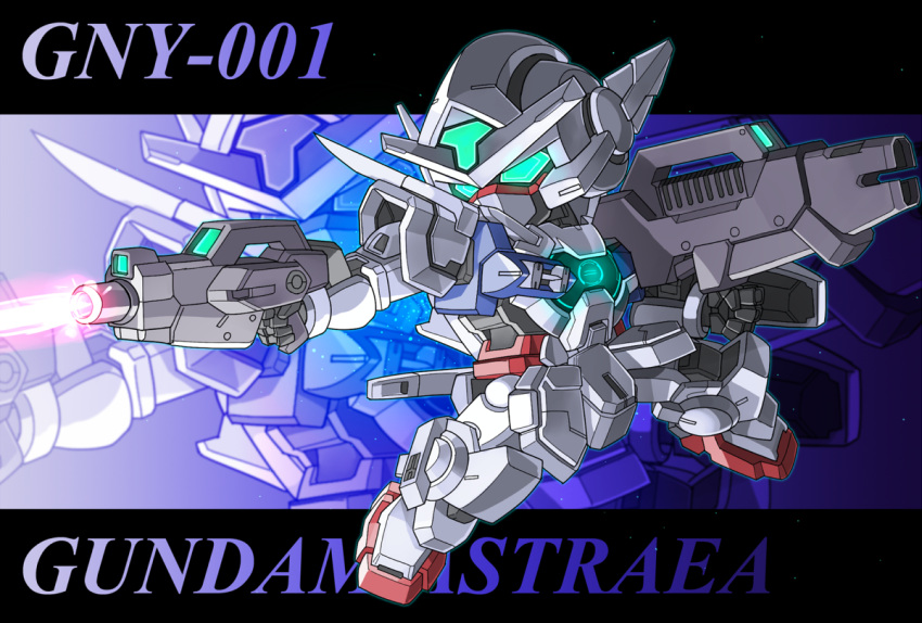 astraea_gundam beam_cannon beam_rifle character_name dual_wielding energy_gun glowing glowing_eyes green_eyes gundam gundam_00p mecha memento_vivi no_humans shield zoom_layer