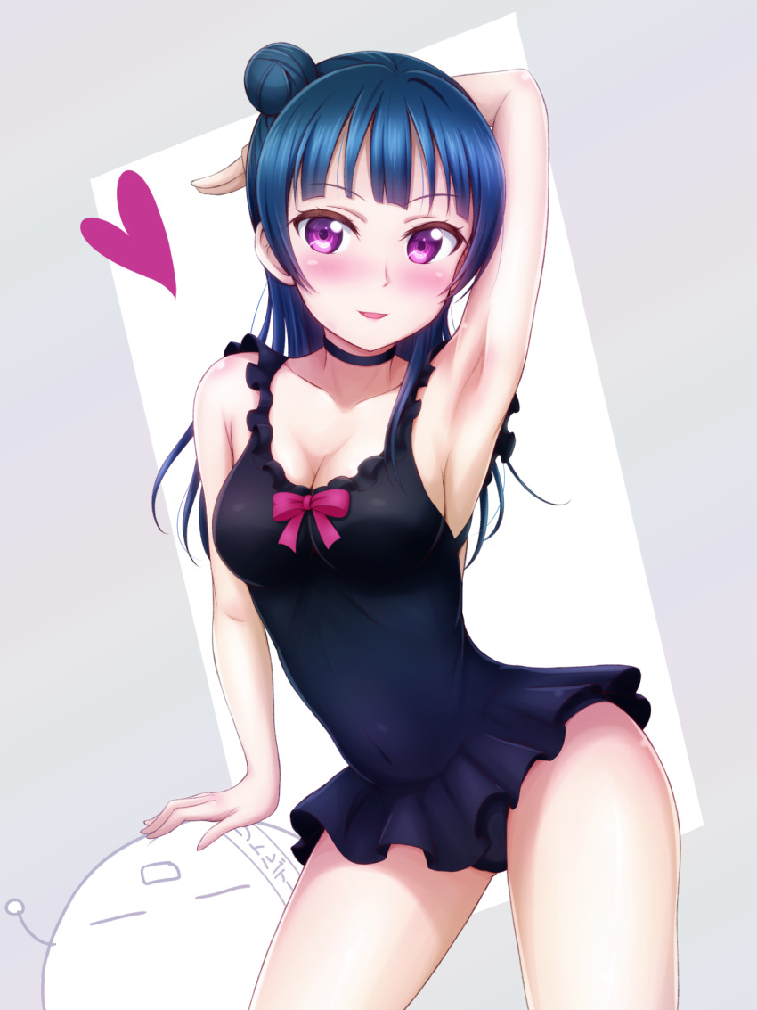 1girl arm_behind_head arm_up armpits bangs black_choker black_swimsuit blue_hair blunt_bangs blush bow breasts casual_one-piece_swimsuit ckst cleavage contrapposto covered_navel cowboy_shot di_gi_charat frilled_swimsuit frills gema grey_background hair_bun heart highres long_hair looking_at_viewer love_live! love_live!_sunshine!! medium_breasts one-piece_swimsuit parted_lips pink_bow side_bun smile solo swimsuit tsushima_yoshiko violet_eyes
