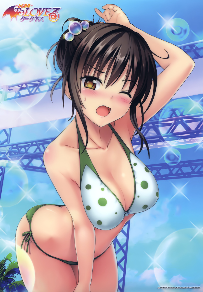 &gt;;o 1girl absurdres arched_back arm_up armpits bare_arms bare_shoulders bent_over bikini blue_sky blush breasts bubble butt_crack cleavage collarbone copyright_name cowboy_shot day eyebrows_visible_through_hair glint green_bikini_bottom hair_bobbles hair_ornament highres kotegawa_yui medium_breasts official_art open_mouth outdoors short_hair_with_long_locks side-tie_bikini sidelocks sky solo sparkle stage standing sweat swimsuit tareme to_love-ru to_love-ru_darkness white_bikini_top yabuki_kentarou