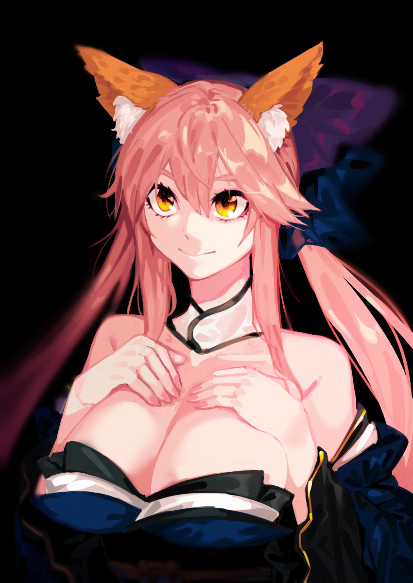 1girl absurdres animal_ears bare_shoulders black_background bow breasts cleavage detached_collar detached_sleeves fate/grand_order fate_(series) fox_ears hair_bow hands_on_own_chest highres large_breasts long_hair looking_to_the_side low_twintails menea pink_hair smile solo tamamo_(fate)_(all) tamamo_no_mae_(fate) twintails yellow_eyes
