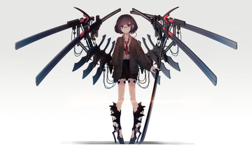 1girl absurdres bangs black_skirt bob_cut brown_hair cardigan closed_mouth expressionless eyebrows_visible_through_hair full_body glasses hand_in_pocket highres katana kumanoi_azuki looking_at_viewer loose_necktie mecha_musume necktie ootachi open_cardigan open_clothes original pleated_skirt red_eyes red_necktie school_uniform science_fiction sheath sheathed short_hair skinny skirt solo standing sword weapon