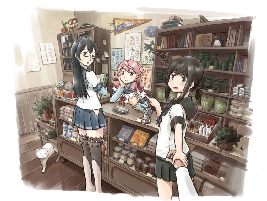 10s 3girls akashi_(kantai_collection) batsubyou black_eyes black_hair black_sailor_collar black_skirt blue_sailor_collar blue_skirt book bottle box bucket cat counter crane drum_(container) from_behind fubuki_(kantai_collection) glasses green_eyes hair_ribbon hairband hip_vent hyuuga_(kantai_collection) ise_(kantai_collection) jar jewelry kantai_collection karasu_(naoshow357) long_hair long_sleeves looking_at_viewer looking_back low_ponytail multiple_girls ooyodo_(kantai_collection) pennant pink_hair plant pleated_skirt pointing ponytail pov remodel_(kantai_collection) rensouhou-chan repair_bucket ribbon ring school_uniform semi-rimless_glasses serafuku shop short_ponytail sidelocks skirt thigh-highs tress_ribbon under-rim_glasses watering_can waving wedding_band white_hairband