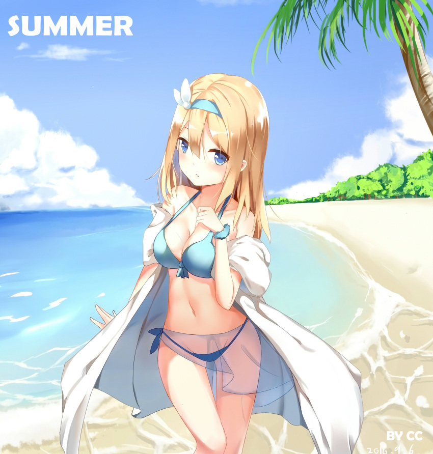 1girl absurdres artist_name bangs bikini blonde_hair blue_bikini blue_eyes breasts cg_(2686805355) cleavage collarbone day girls_frontline hair_between_eyes hair_ornament hairband hand_up highres long_hair looking_at_viewer medium_breasts ocean outdoors palm_tree parted_lips sarong scrunchie see-through side-tie_bikini solo summer suomi_kp31_(girls_frontline) swimsuit tree wrist_scrunchie