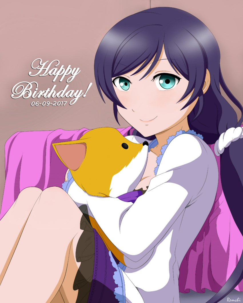1girl absurdres bed birthday blush green_eyes highres looking_at_viewer love_live! love_live!_school_idol_project object_hug pajamas purple_hair remchi sitting sleepwear smile solo stuffed_fox stuffed_toy text toujou_nozomi